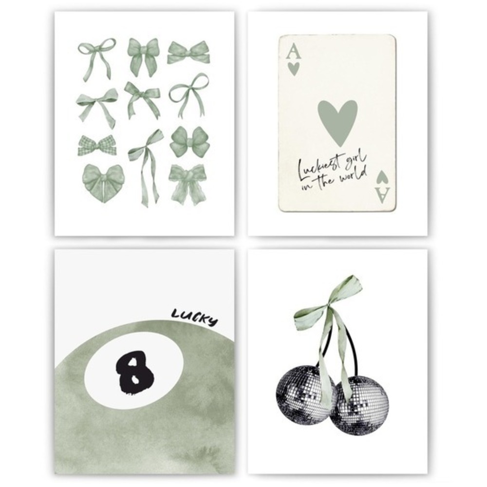 NWT Blue or Green Coquette Wall Art Prints Set of 4 Bow Disco 8 Ball Cherry 8x10